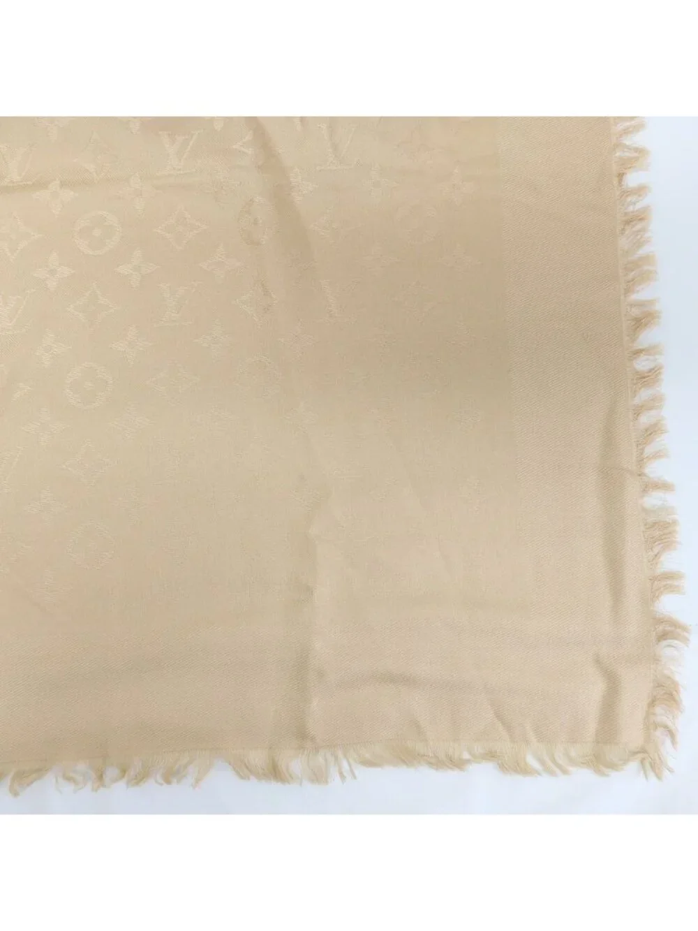 Louis Vuitton Heaven Shawl Large Monogram Fringe Silk Wool Beige Scarf